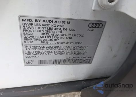 2018 Audi Q7 2.0T Premium из США, поврежденный, VIN WA1LHAF73JD031666